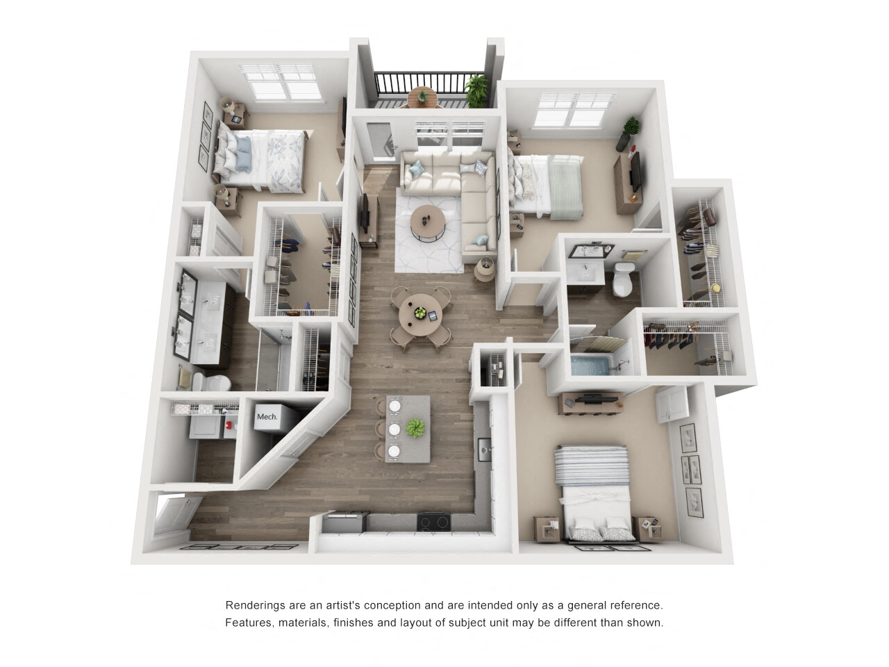 Floor plan for 3 beds, 2 baths, 1432 sqft